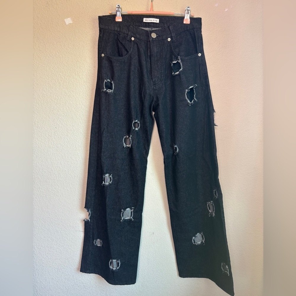 Rejina Pyo Mia Reworked Distressed Cut Out Wide Leg High Rise Relaxed Jeans 10 - Picture 2 of 10